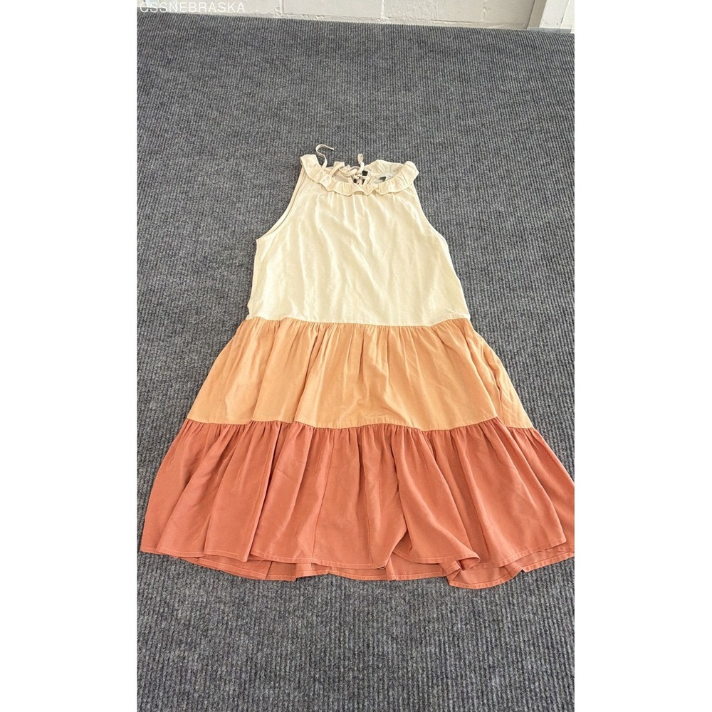 PINCH Women's Peach Rust Cream Colorblock Tiered Ruffle Neck Dress Sz S‎